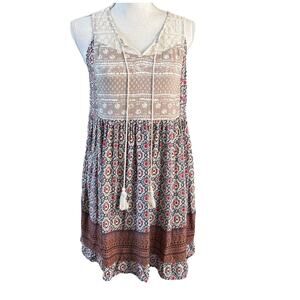 Umgee Boho Tan Navy Floral Dress Small